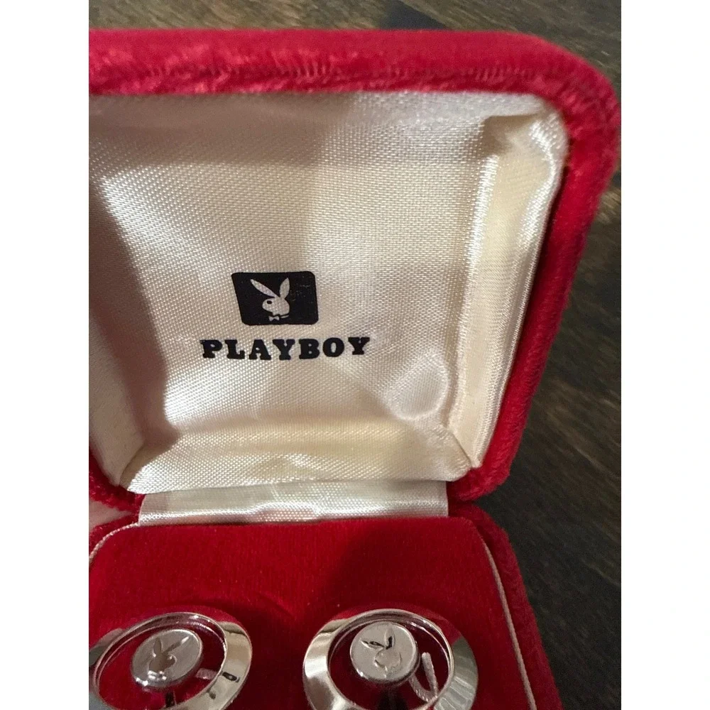 Playboy Vintage 60s Silver Tone Bunny Logo Cufflinks w/ Original Red Velvet Box
